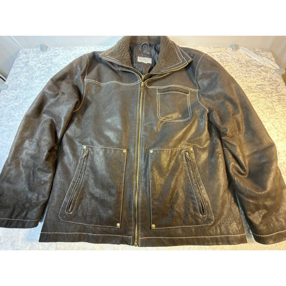 Vintage Leather Mens Brown Leather Jacket L Removable Collar Y2K Moto Biker